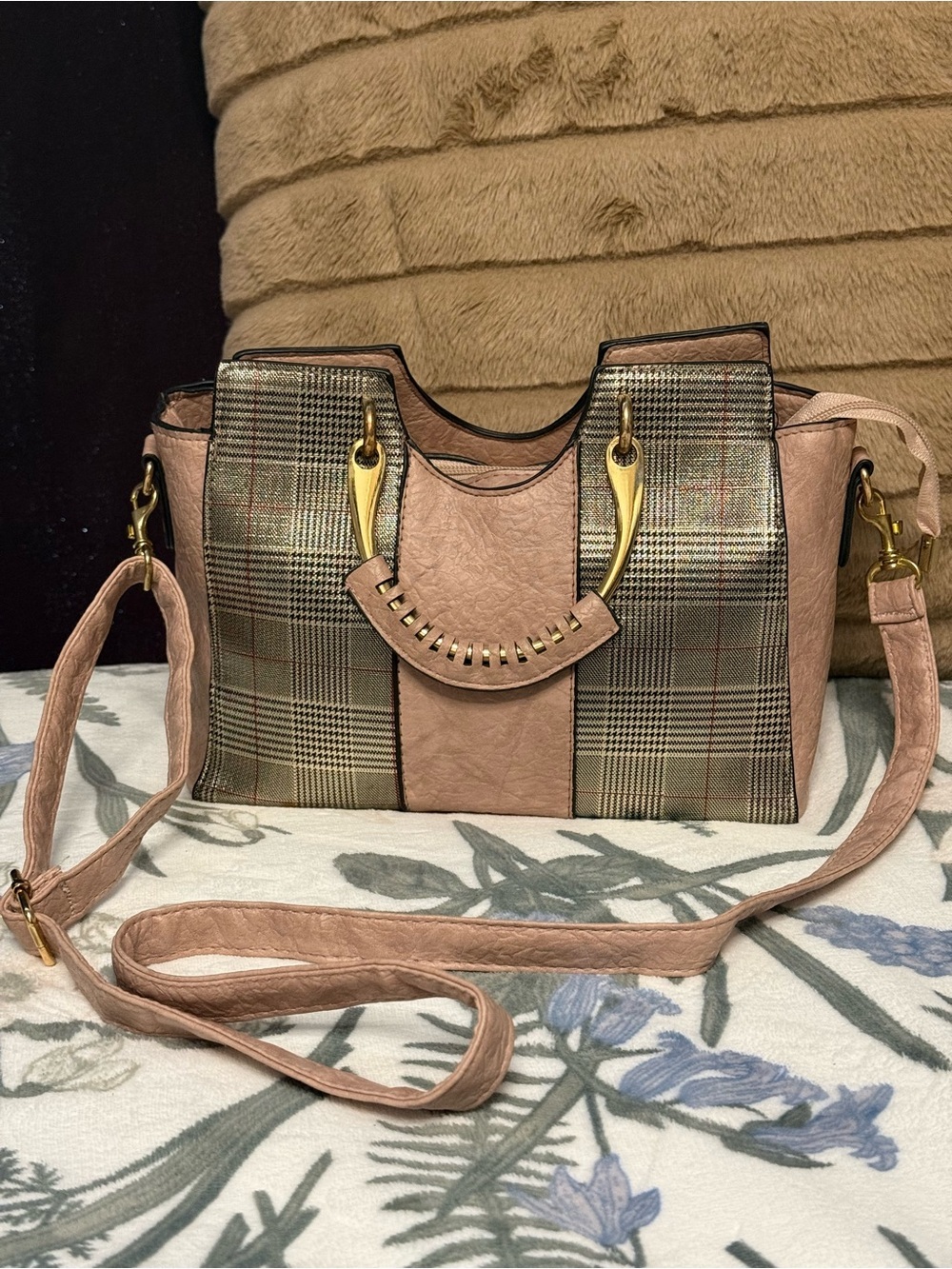 Blush Pink Plaid Accent with unique handles Women’s Shoulder Bag - Picture 2 of 6